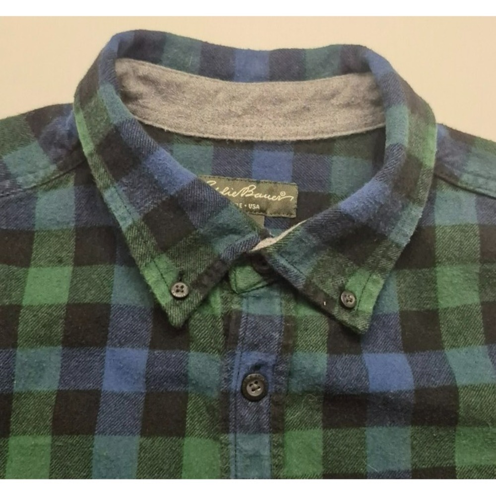 Eddie Bauer men's blue/green/black plaid flannel long sleeves shirt sz. XL - Picture 5 of 10